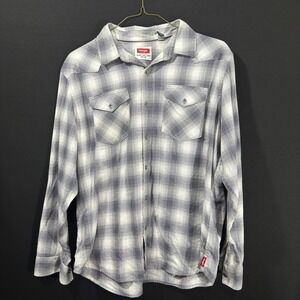 Wrangler Mens Silver Pearlsnap Flannel Shirt Gray White Plaid Long Sleeve XL